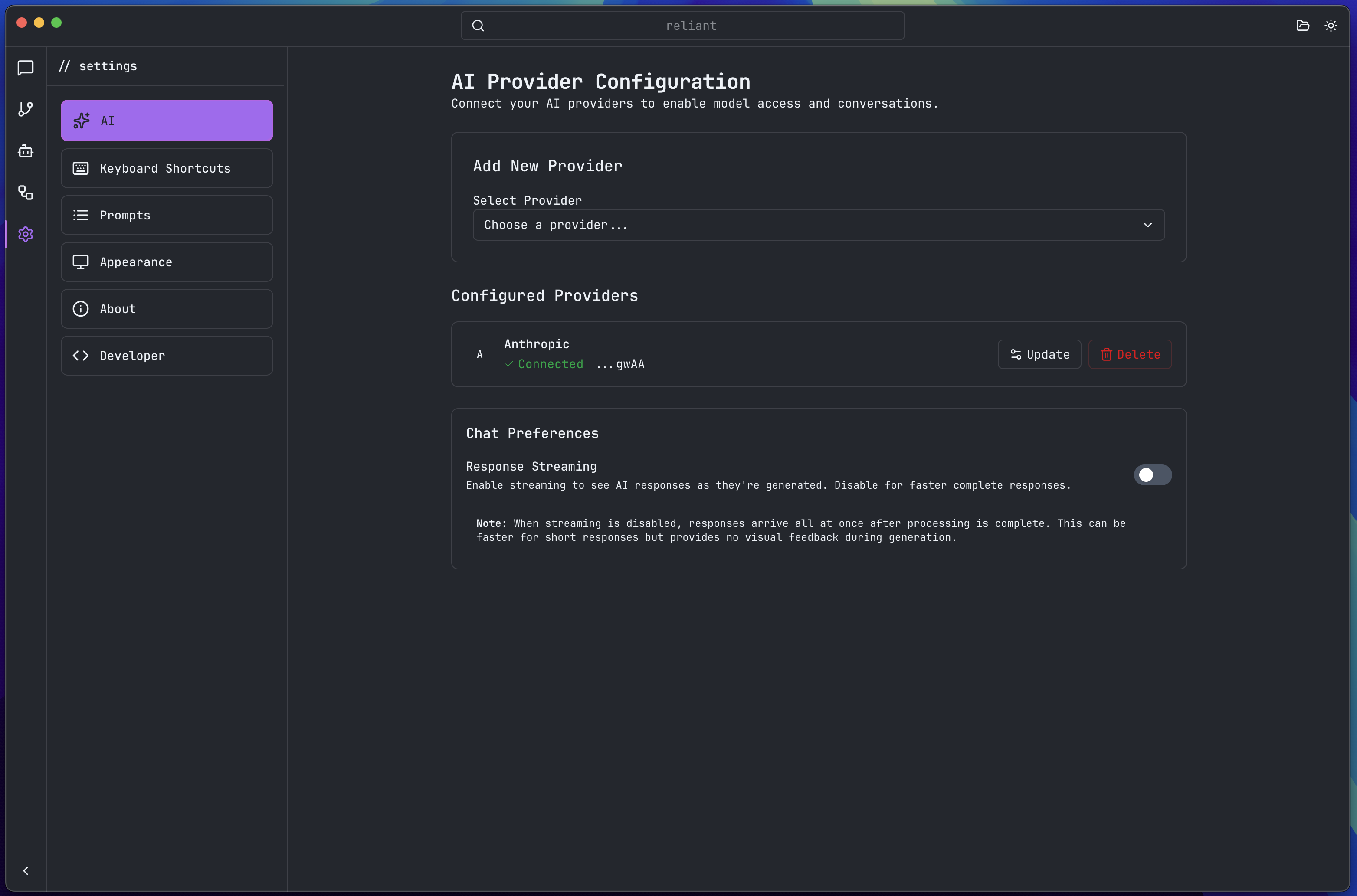 Placeholder: Settings screen showing AI provider configuration with API key input field, provider dropdown (showing Anthropic, OpenAI, OpenRouter options), and Test Connection button