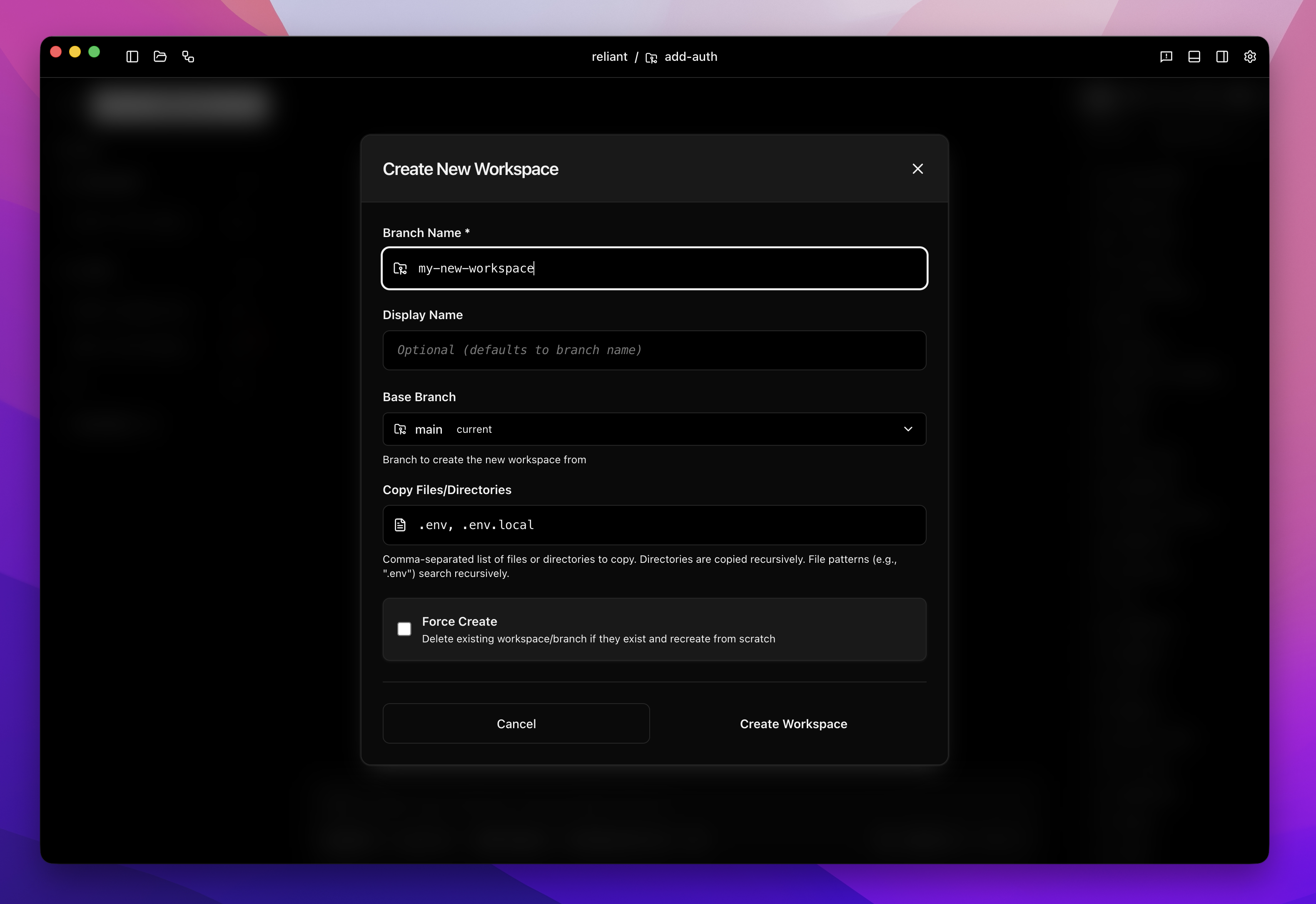 Placeholder: Create workspace dialog with fields for branch name, workspace name, base branch dropdown, working directory path, and Create/Cancel buttons