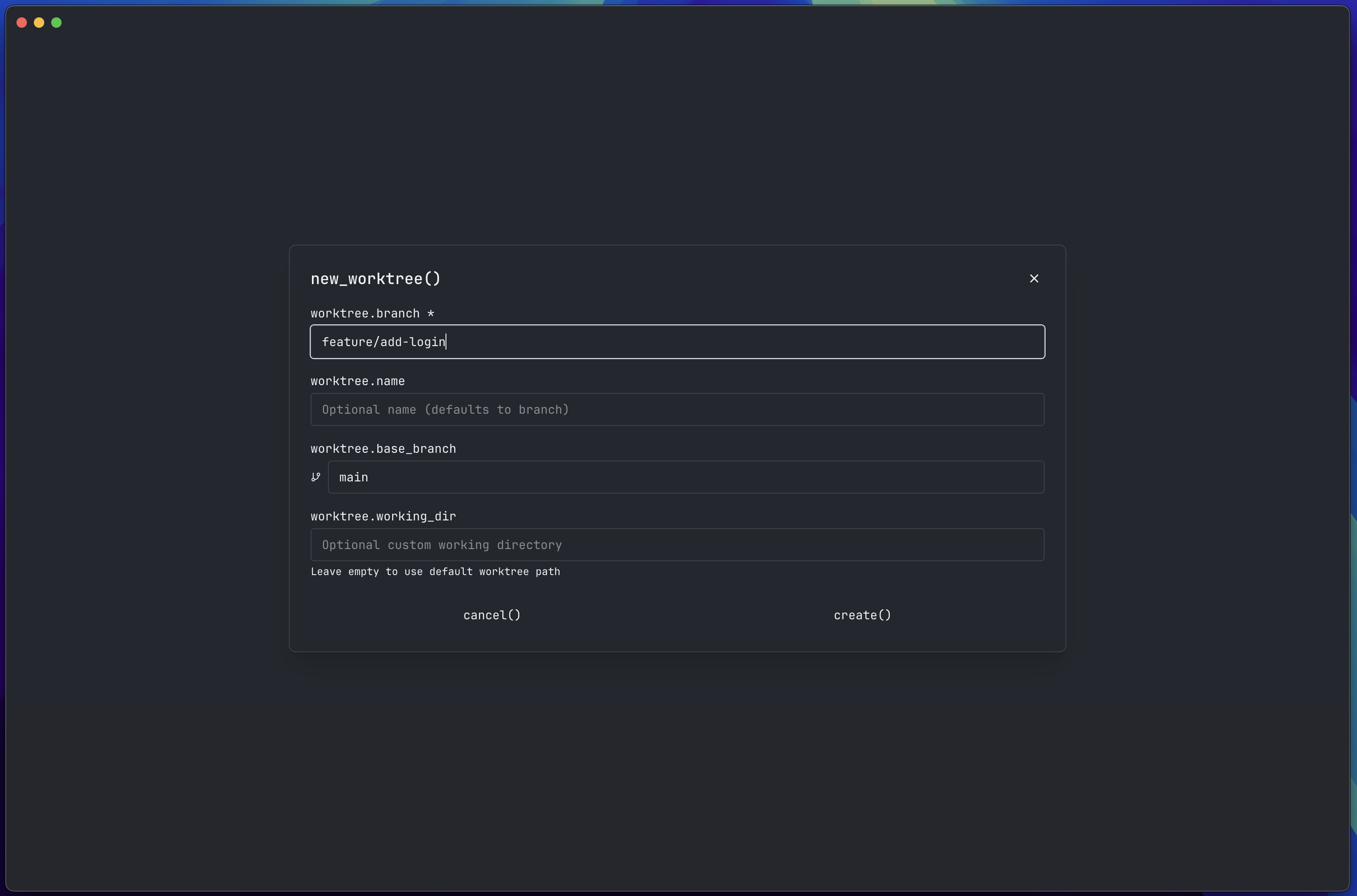 Placeholder: Create worktree dialog with fields for branch name, worktree name, base branch dropdown, working directory path, and Create/Cancel buttons