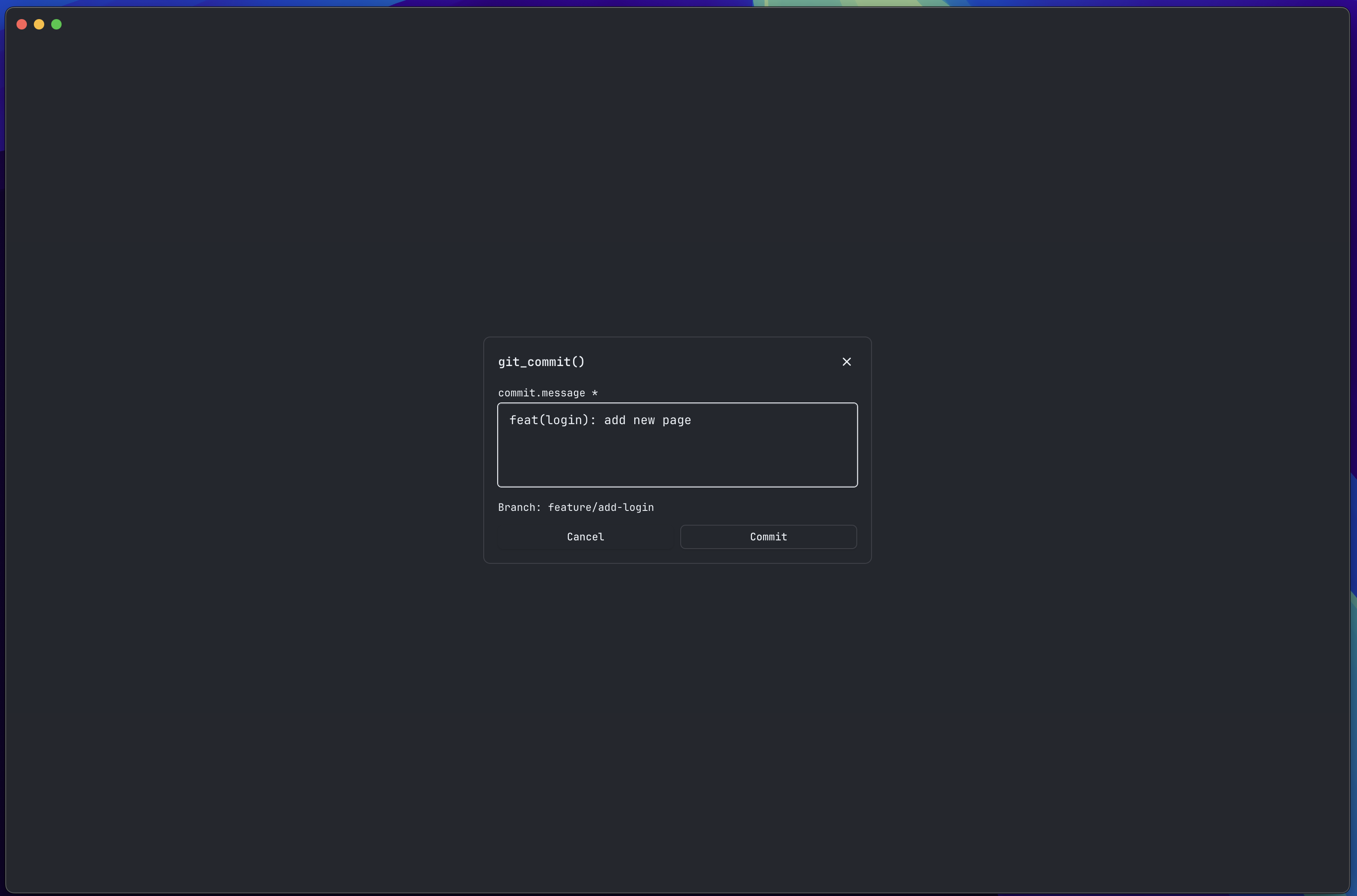 Placeholder: Git actions toolbar showing Commit, Push, and Create PR buttons with a commit dialog overlay displaying message field and file change list