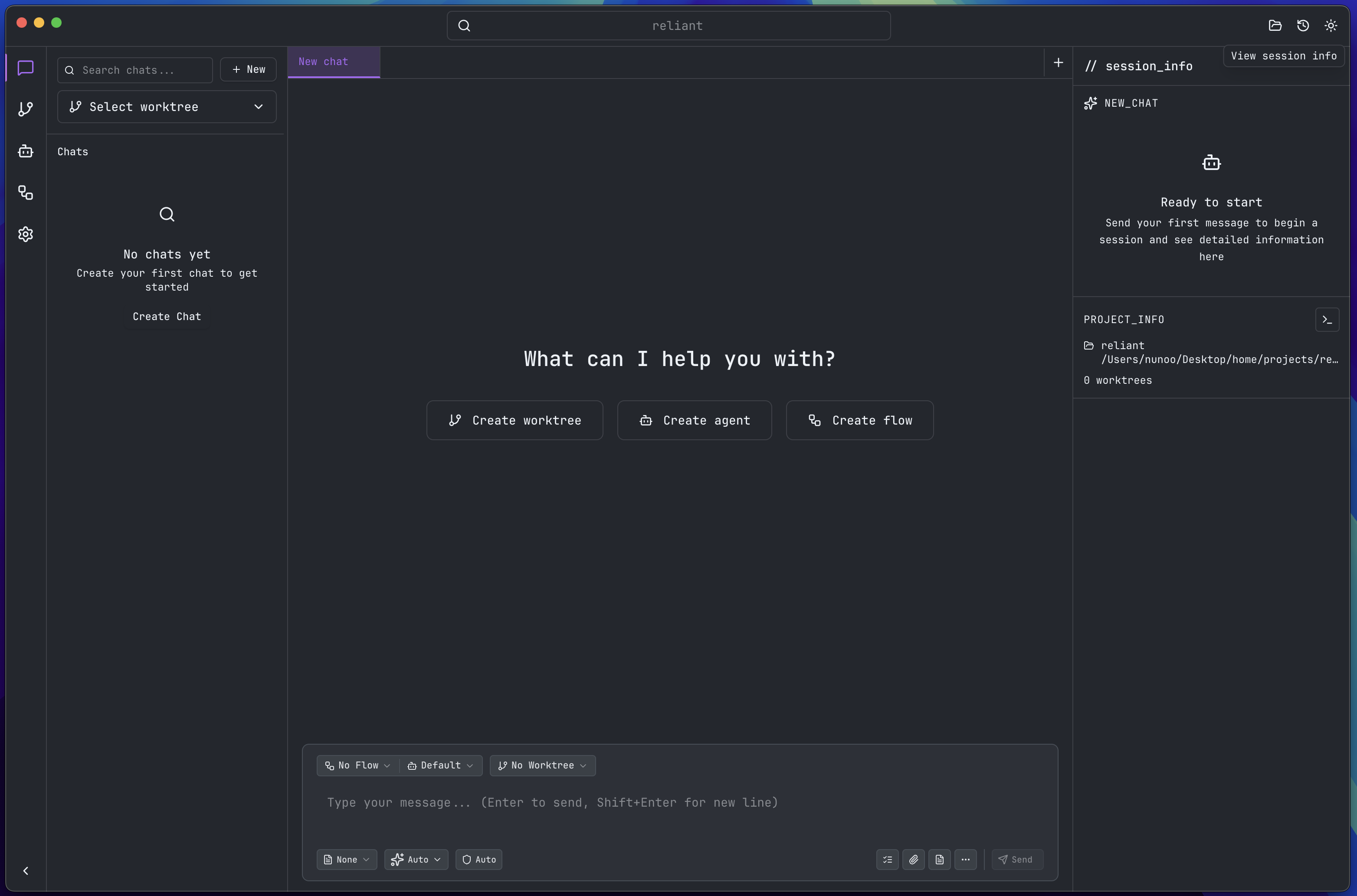 Placeholder: Chat interface showing the message input box at bottom with example prompt 'Explain the structure of this project', send button, and empty conversation area above