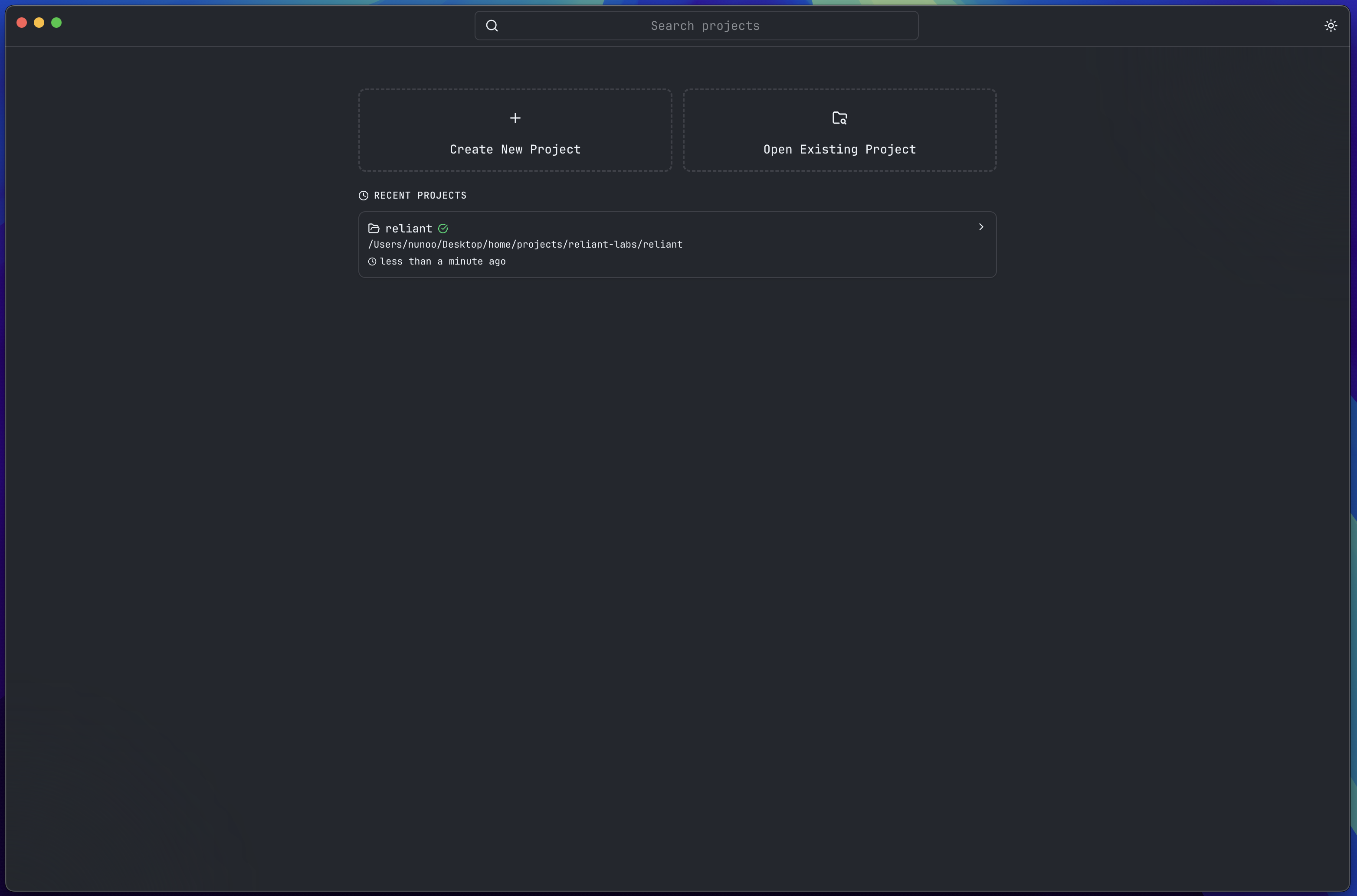Placeholder: Project selection screen showing Open Existing Project and Create New Project buttons, with recent projects list below
