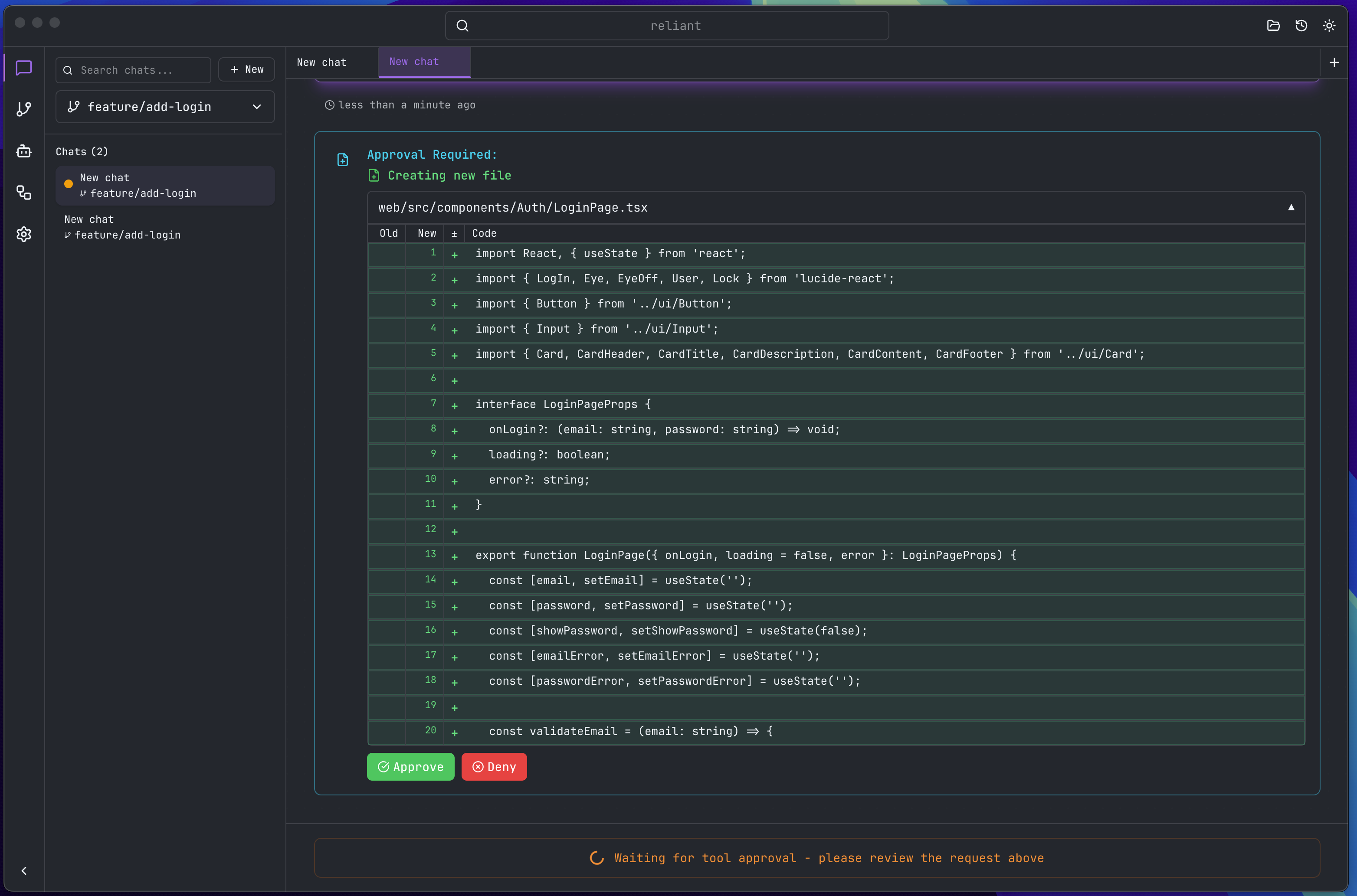 Placeholder: Tool execution panel showing pending file edit with Approve/Reject buttons, diff preview of changes, and execution status indicator