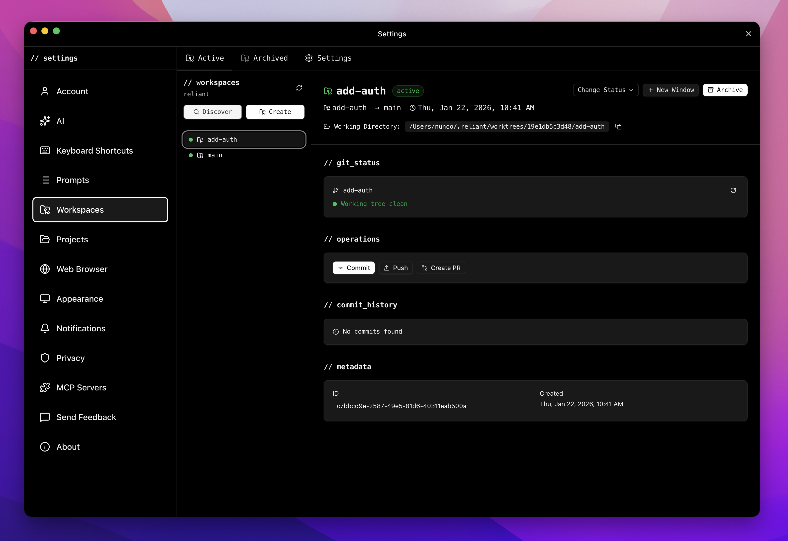 Placeholder: Workspaces panel showing list of workspaces with branch names, status badges (Active, Completed, Abandoned), and Create Workspace button