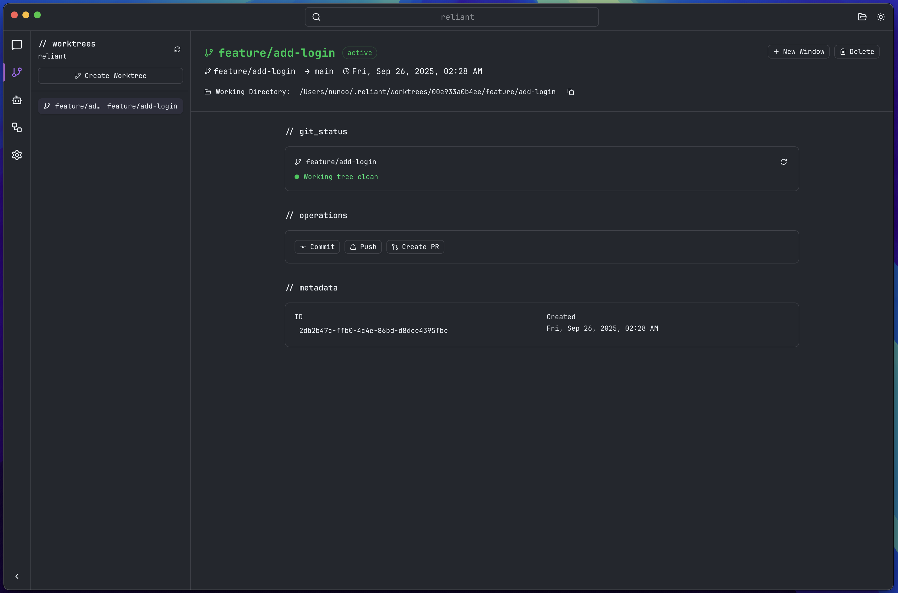 Placeholder: Worktrees panel showing list of worktrees with branch names, status badges (Active, Completed, Abandoned), and Create Worktree button